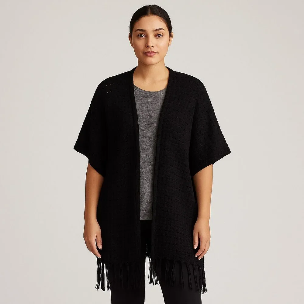 Massini Black Open Knit Fringe Kimono Cardigan – Size S/M
